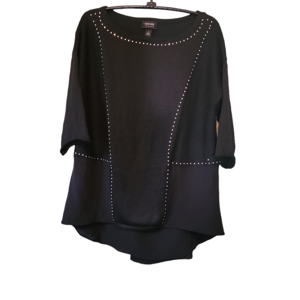 Nicole by Nicole Miller Black Studed High Low Boho Pullover Sz Small